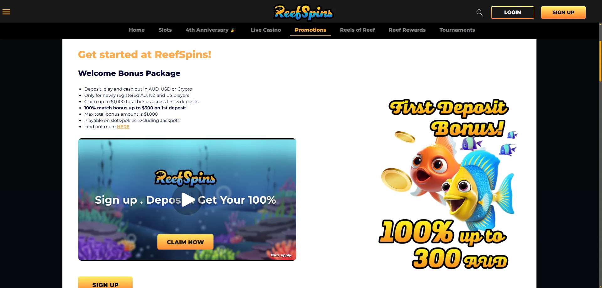 ReefSpins Casino welcome bonus up to $1,000 plus free spins